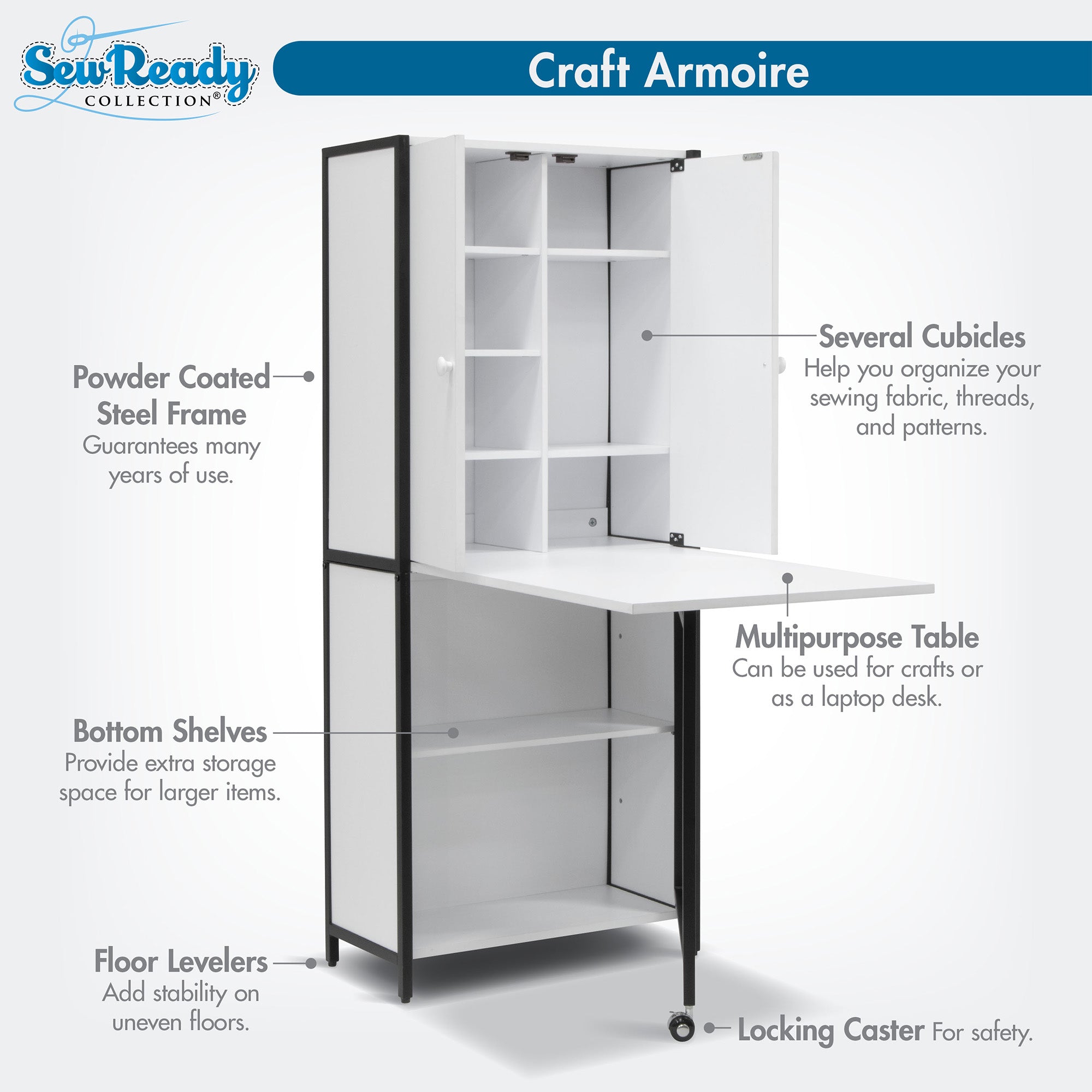 Sew Ready Folding Craft Armoire Cabinet, Multipurpose Workstation with Table - VMInnovations