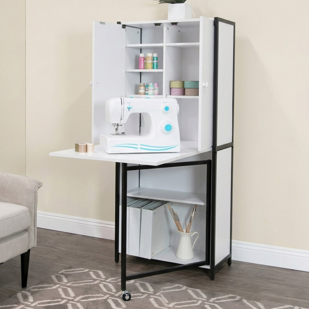 Sew Ready Folding Craft Armoire Cabinet, Multipurpose Workstation with Table