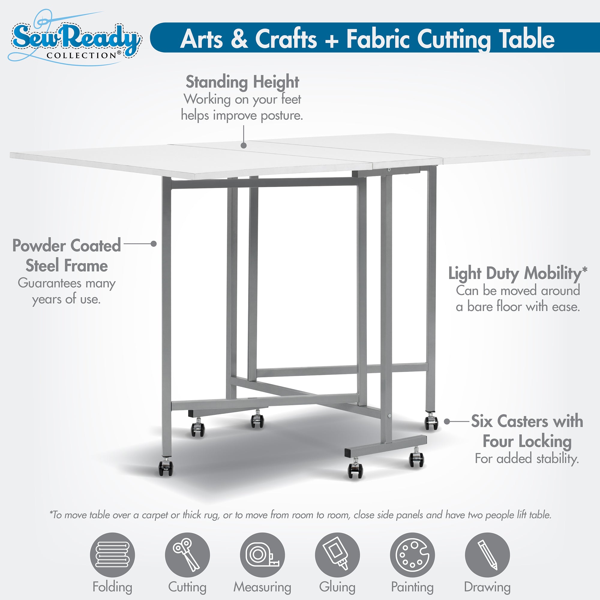 Sew Ready Folding Craft and Cutting Standing Table with Wheels, Silver/White