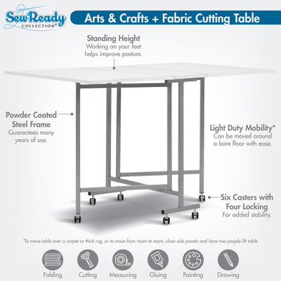Sew Ready Folding Craft and Cutting Standing Table with Wheels, Silver/White