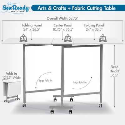 Sew Ready Folding Craft and Cutting Standing Table with Wheels, Silver/White