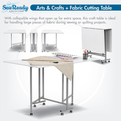 Sew Ready Folding Craft and Cutting Standing Table with Wheels, Silver/White