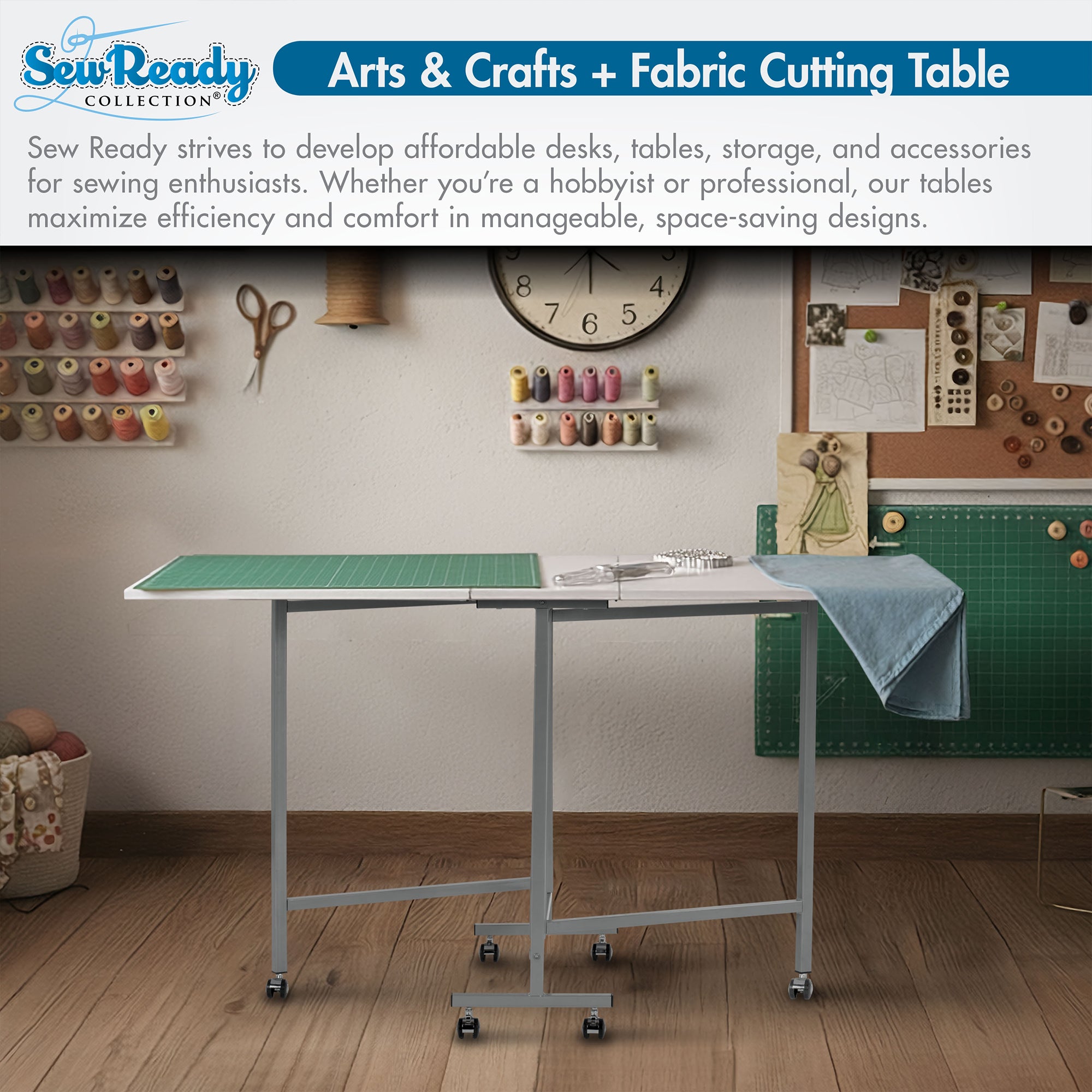 Sew Ready Folding Craft and Cutting Standing Table with Wheels, Silver/White