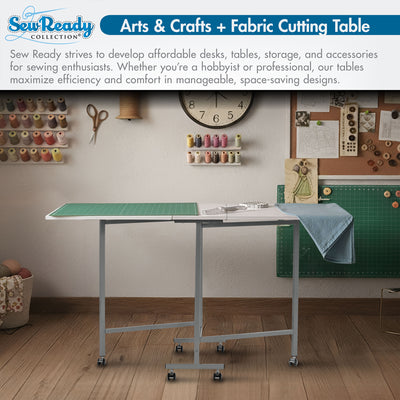 Sew Ready Folding Craft and Cutting Standing Table with Wheels, Silver/White