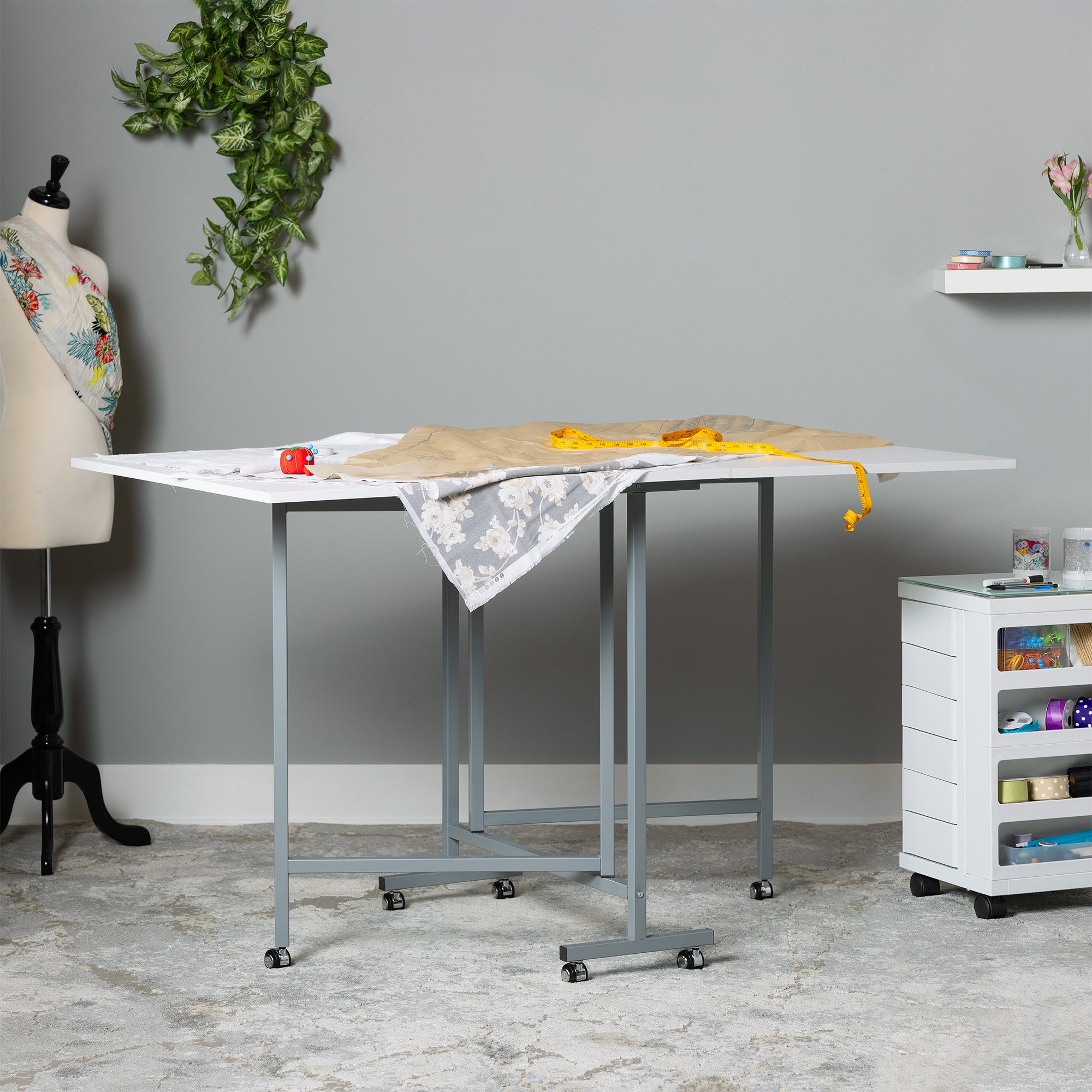 Sew Ready Folding Craft and Cutting Standing Table with Wheels, Silver/White