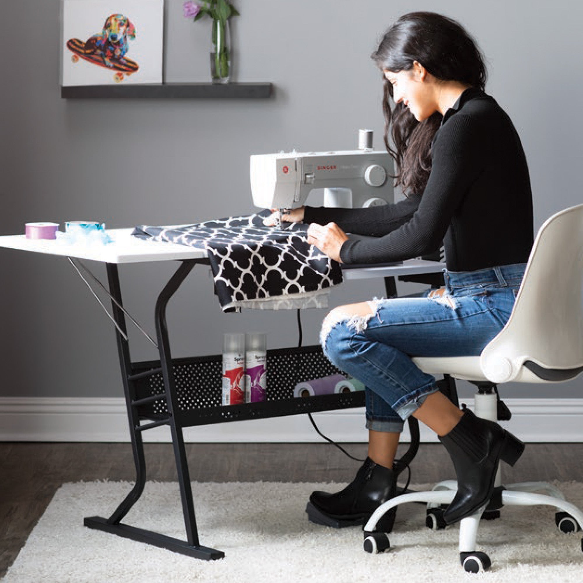 Sew Ready Eclipse Hobby Sewing Table with Storage Drawer and Shelves, Black