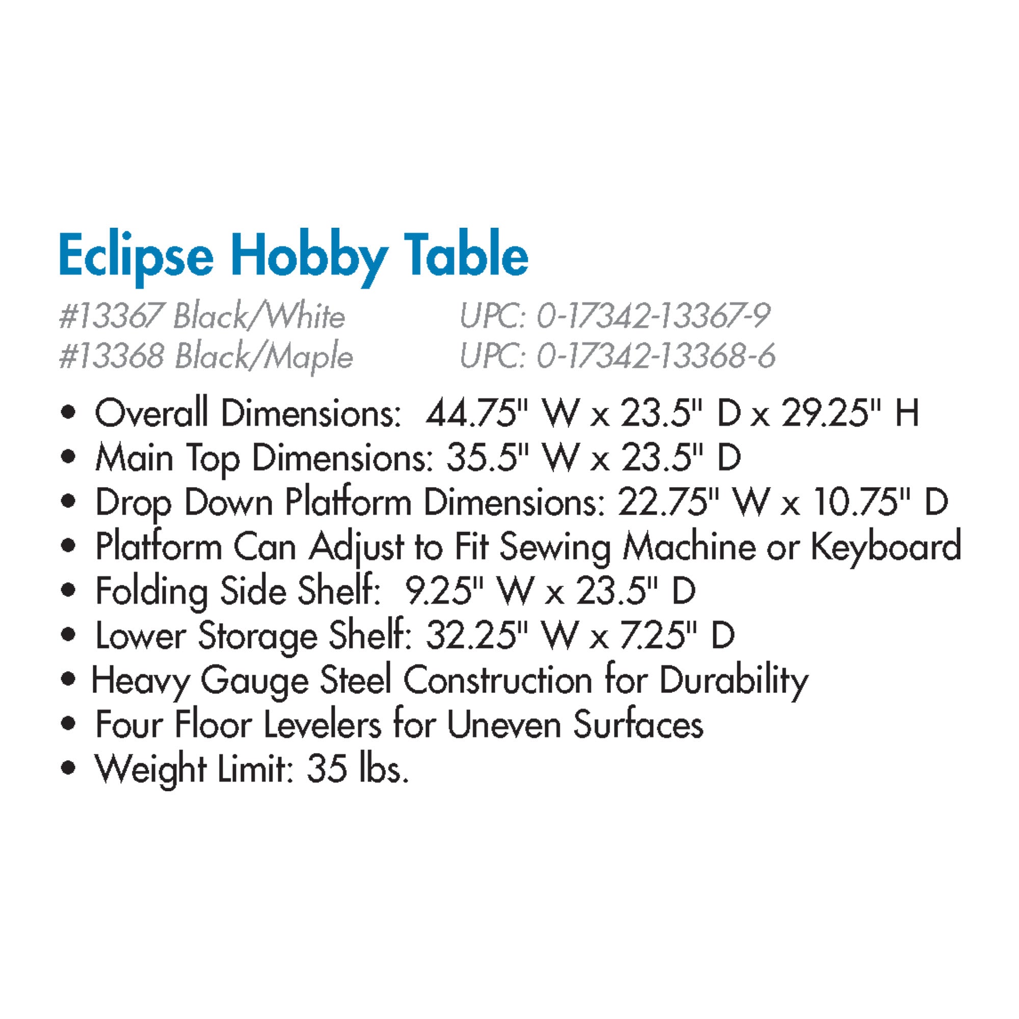 Sew Ready Eclipse Hobby Sewing Table with Storage Drawer and Shelves, Black