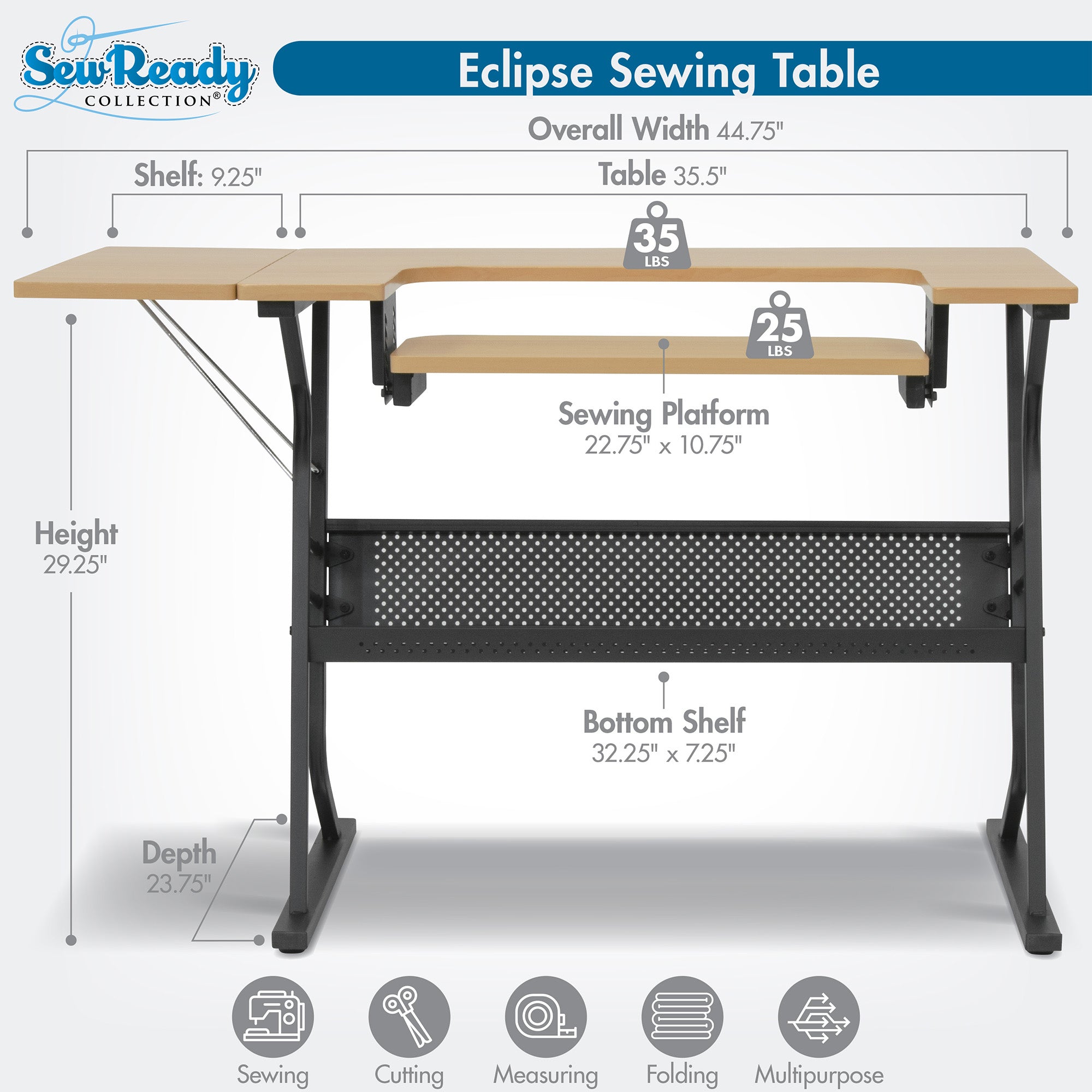 Sew Ready Eclipse Hobby Sewing Table with Storage Drawer and Shelves, Maple
