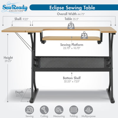 Sew Ready Eclipse Hobby Sewing Table with Storage Drawer and Shelves, Maple