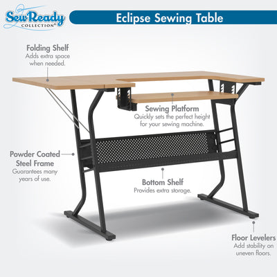 Sew Ready Eclipse Hobby Sewing Table with Storage Drawer and Shelves, Maple