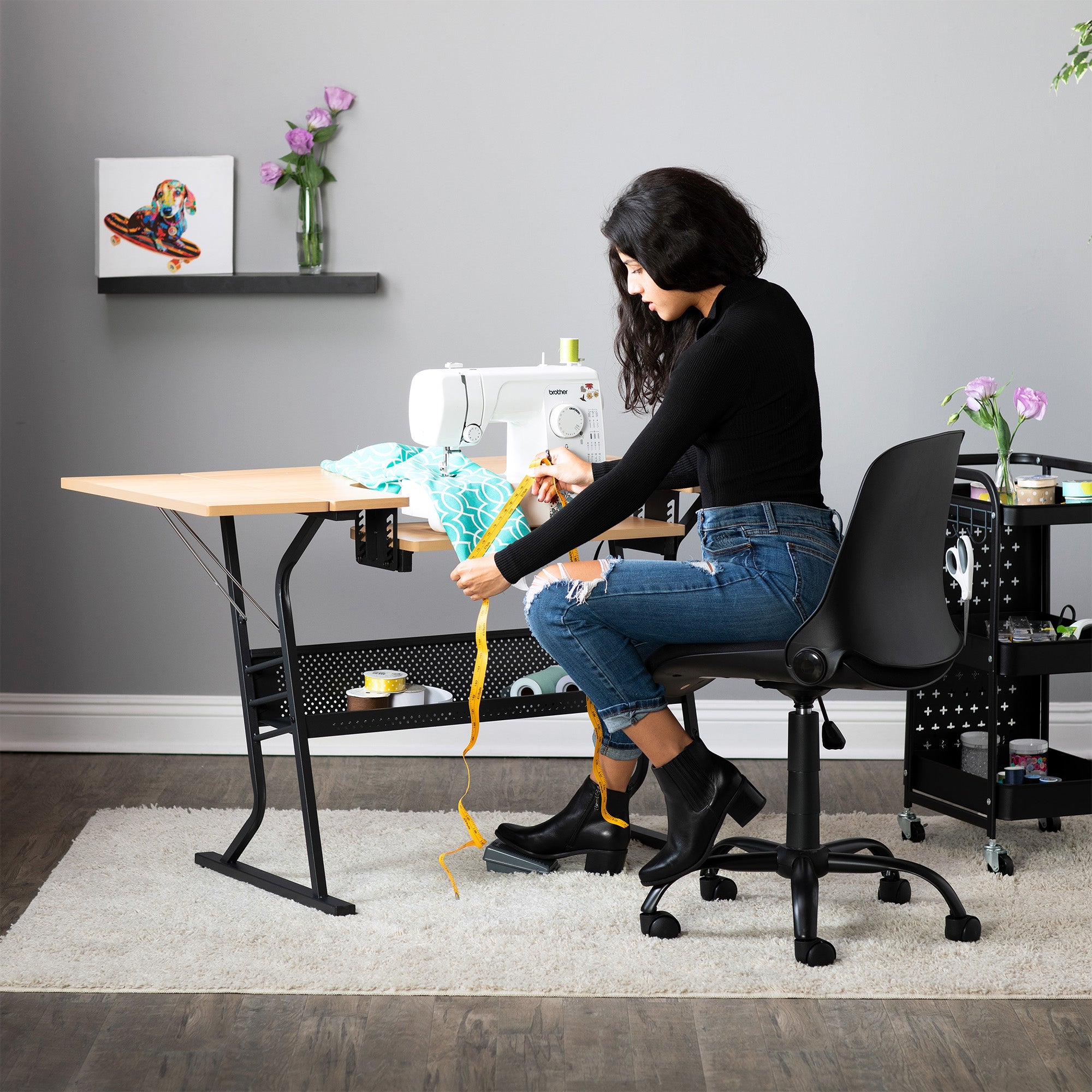 Sew Ready Eclipse Hobby Sewing Table with Storage Drawer and Shelves, Maple