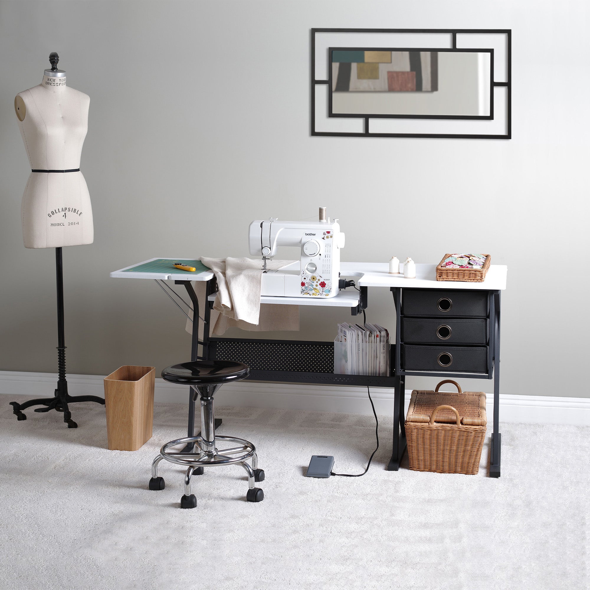 Sew Ready Eclipse Hobby Sewing Table with Storage Drawer and Shelves, Black - VMInnovations