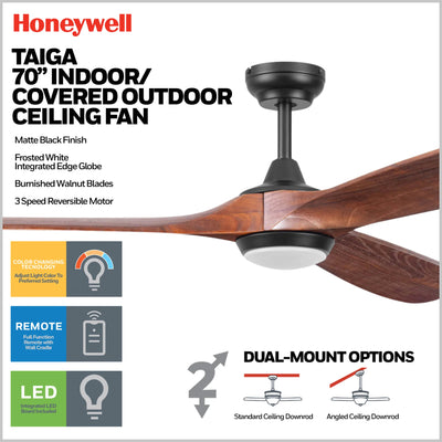 Honeywell Taiga 70 Inch Ceiling Fan with Redwood Blades, LED Light & Remote