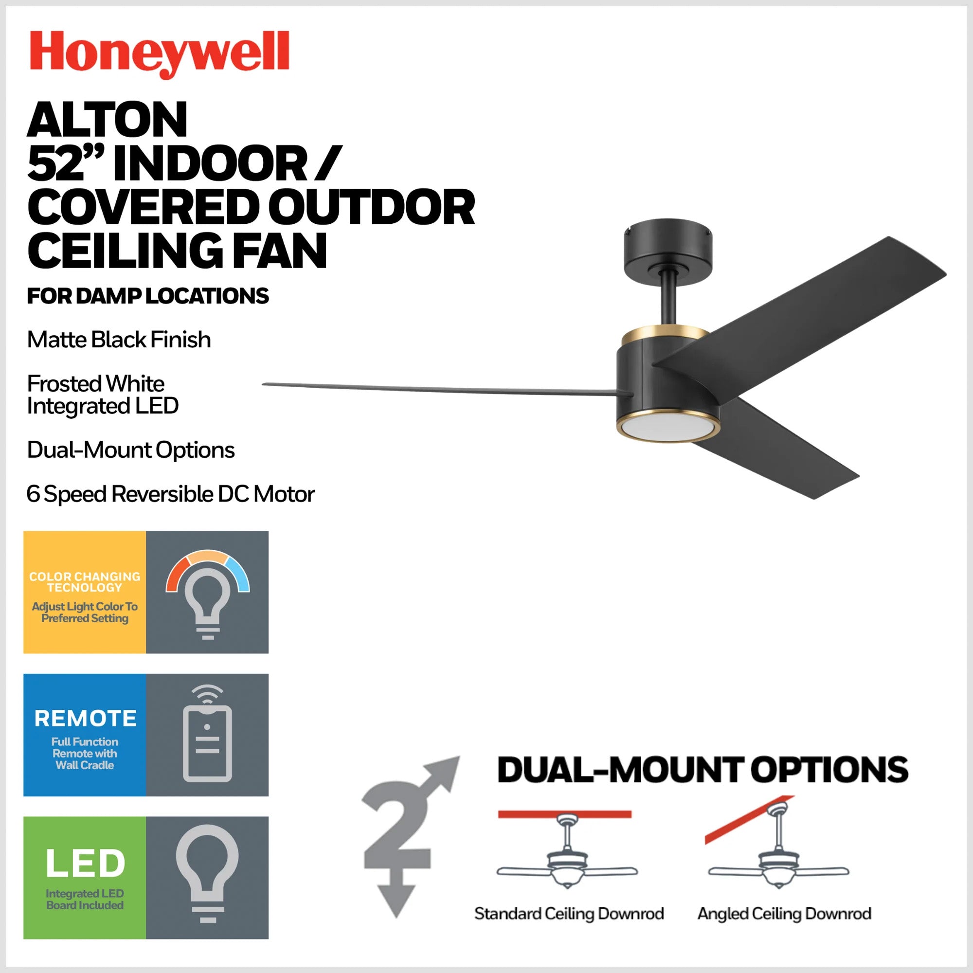 Honeywell Altan 52 Inch Ceiling Fan with LED Light & Remote, Matte Black/Gold