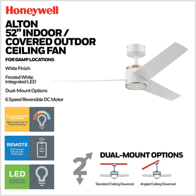Honeywell Altan 52 Inch Modern Ceiling Fan with LED Light & Remote, White/Gold