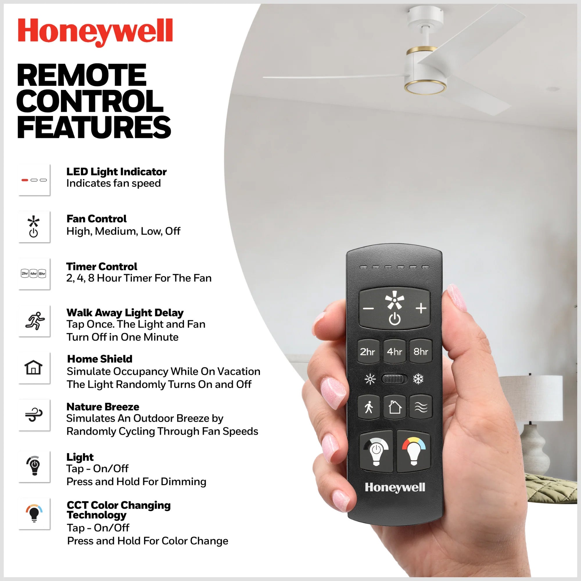 Honeywell Altan 52 Inch Modern Ceiling Fan with LED Light & Remote, White/Gold