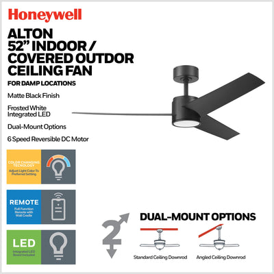 Honeywell Altan 52 Inch Modern Ceiling Fan with LED Light & Remote, Matte Black