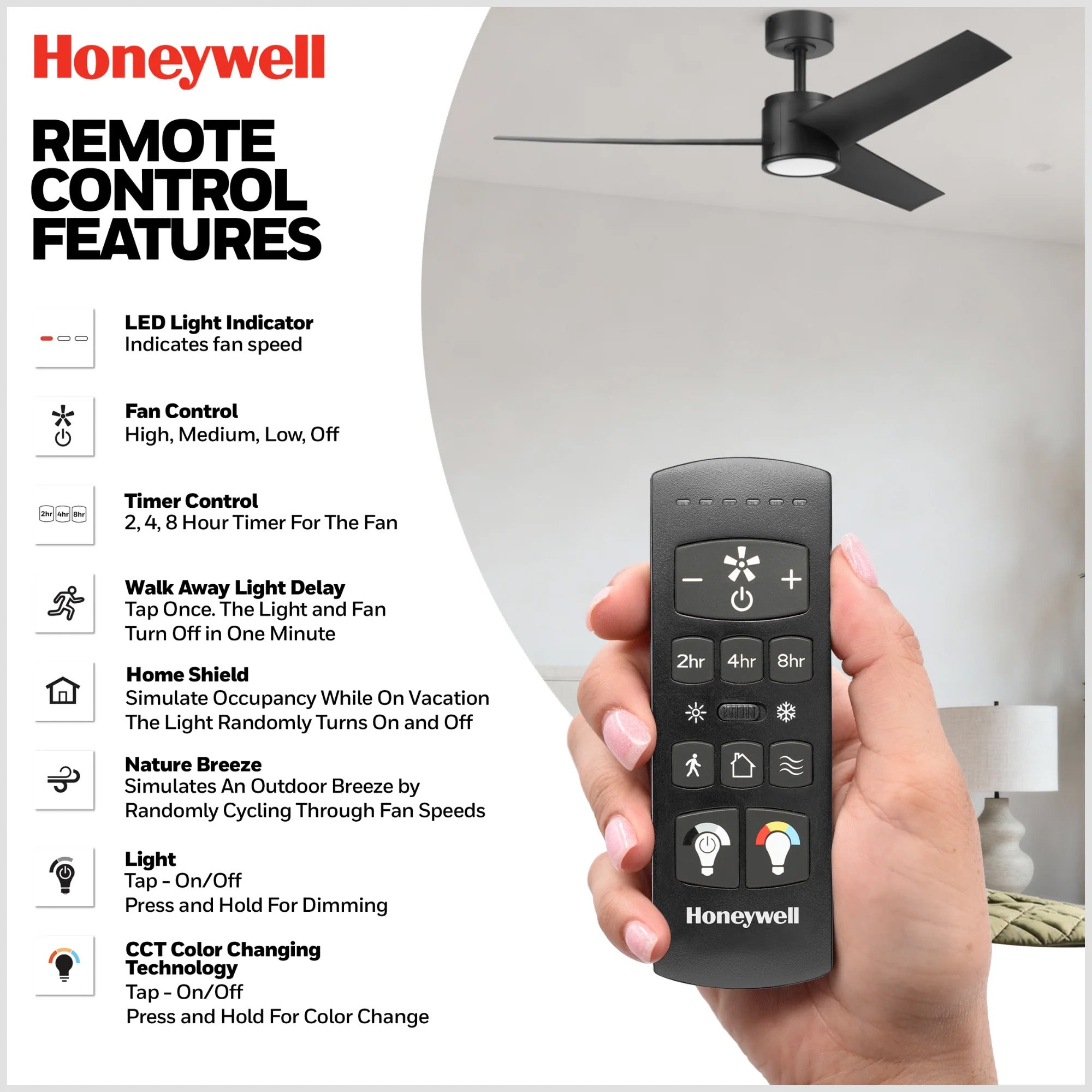 Honeywell Altan 52 Inch Modern Ceiling Fan with LED Light & Remote, Matte Black