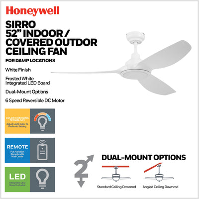 Honeywell Sirro 52" Ceiling Fan with Light & Remote, 3 White Blades, (Open Box)
