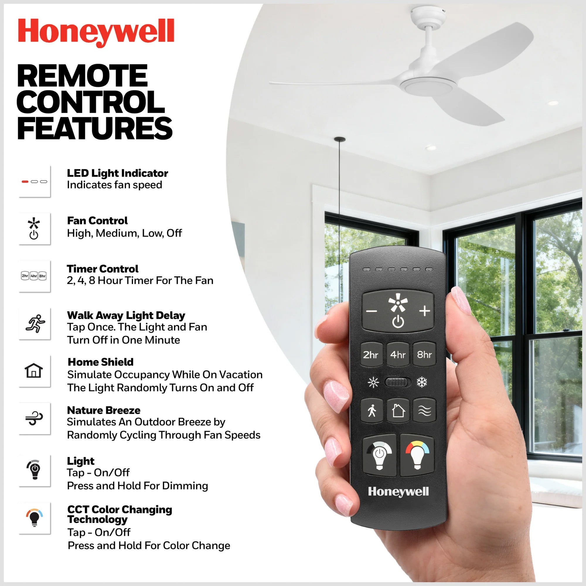 Honeywell Sirro 52" Ceiling Fan with Light & Remote, 3 White Blades, (Open Box)