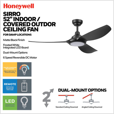Honeywell Sirro 52" Ceiling Fan with Light & Remote, 3 Black Blades, Matte Black