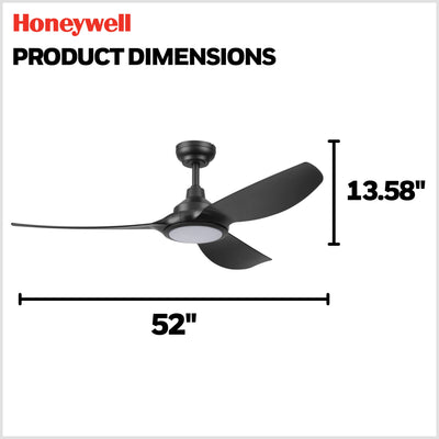 Honeywell Sirro 52" Ceiling Fan with Light & Remote, 3 Black Blades, Matte Black