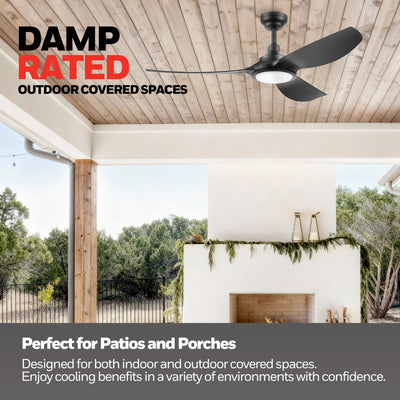 Honeywell Sirro 52" Ceiling Fan with Light & Remote, 3 Black Blades, Matte Black