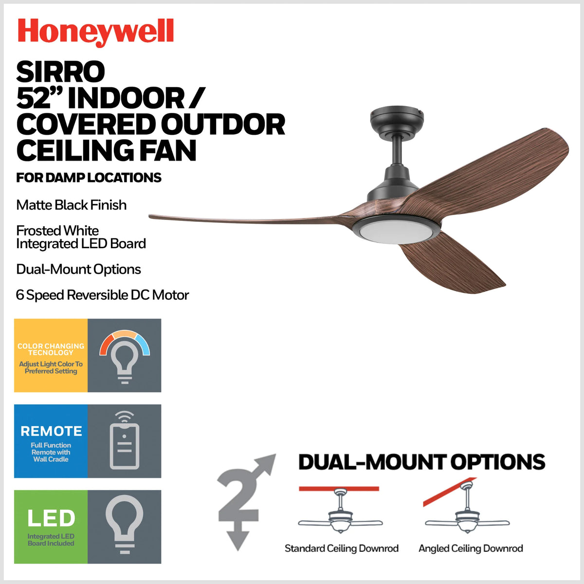 Honeywell Sirro 52" Ceiling Fan with Light & Remote, 3 Brown Blades, (Open Box)