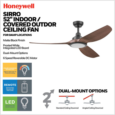 Honeywell Sirro 52" Ceiling Fan with Light & Remote, 3 Brown Blades, (Open Box)