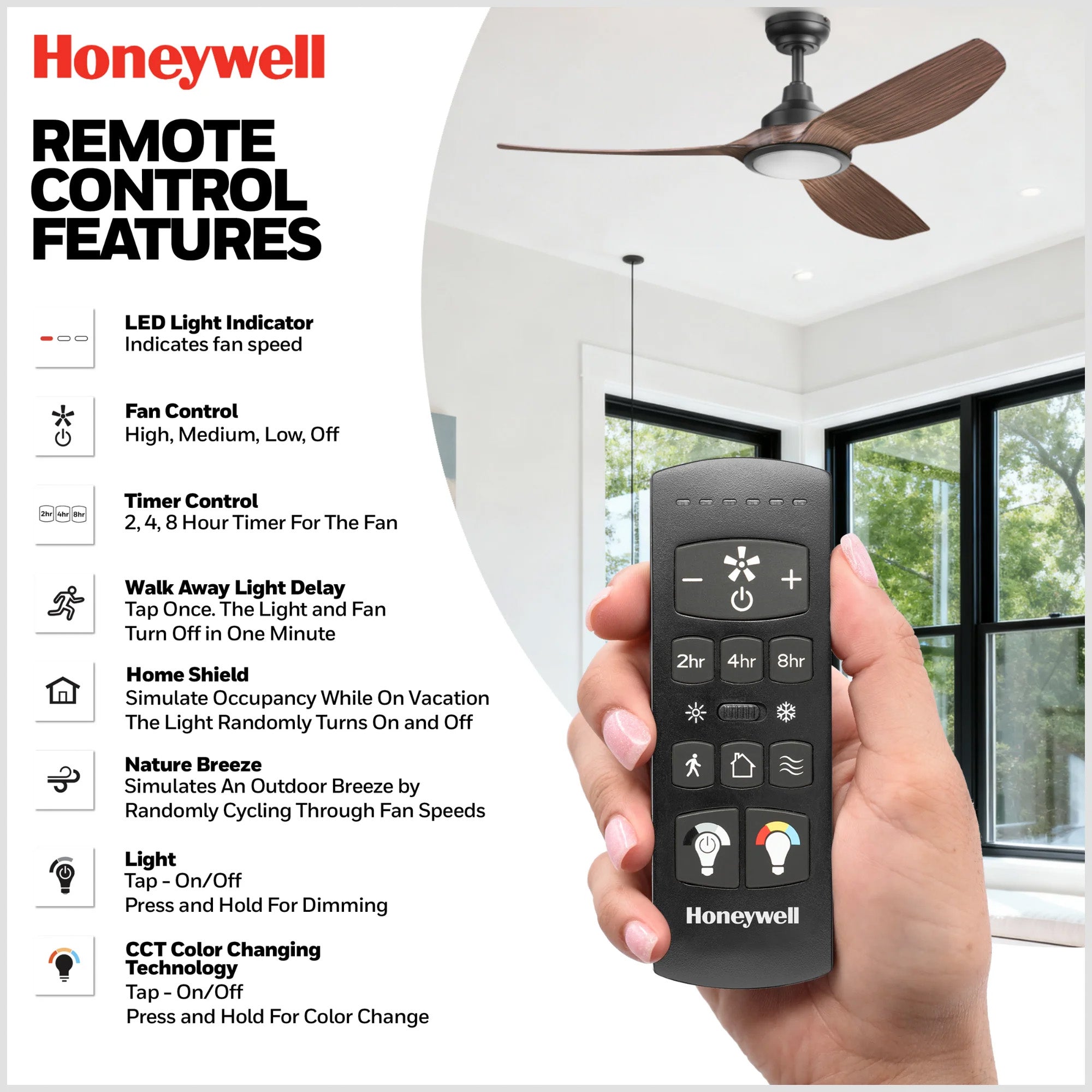 Honeywell Sirro 52" Ceiling Fan with Light & Remote, 3 Brown Blades, (Open Box)