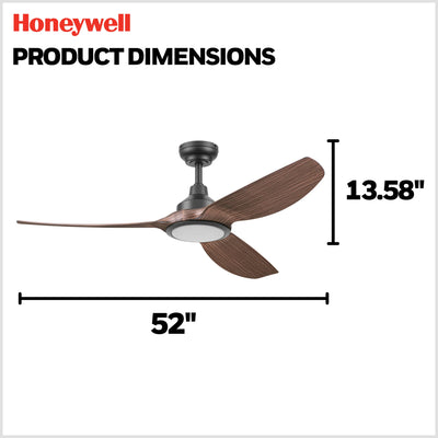 Honeywell Sirro 52" Ceiling Fan with Light & Remote, 3 Brown Blades, (Open Box)