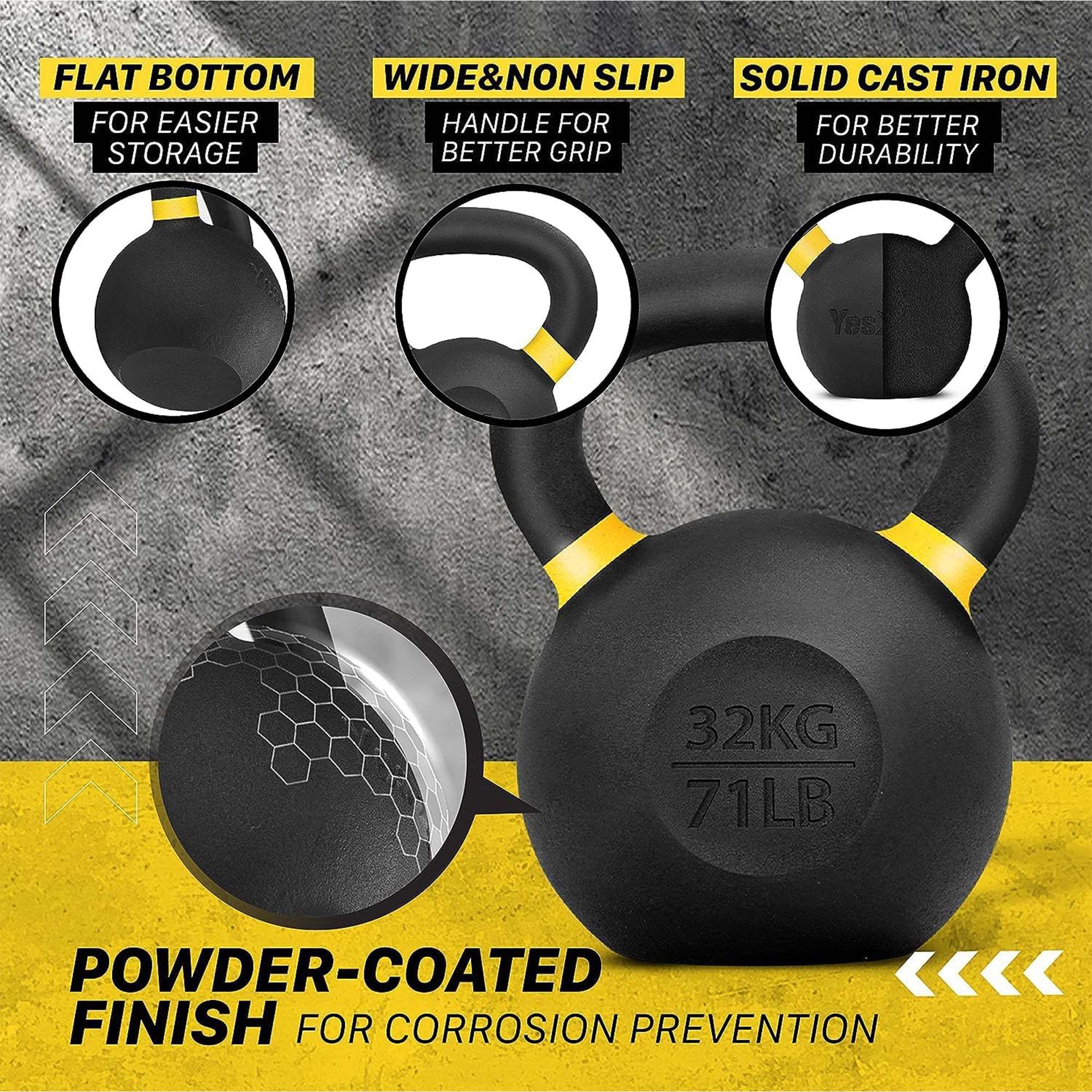 Yes4All 71lb Powder Coated Cast Iron Kettlebell w/ Non-Slip Handle & Flat Bottom