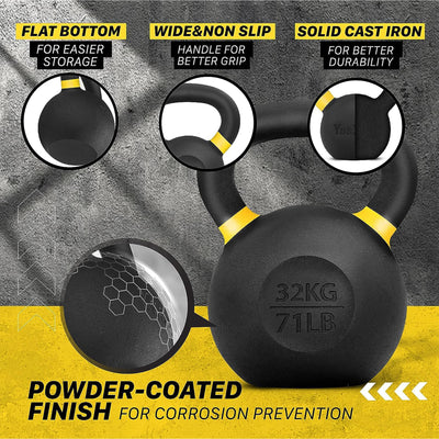 Yes4All 71lb Powder Coated Cast Iron Kettlebell w/ Non-Slip Handle & Flat Bottom
