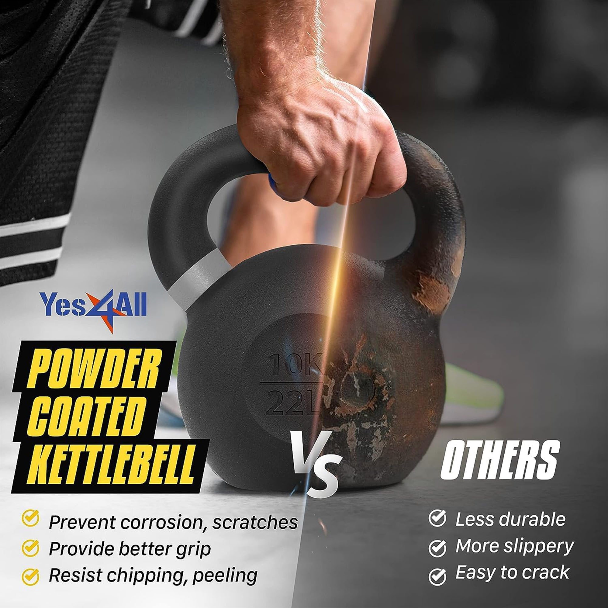 Yes4All 71lb Powder Coated Cast Iron Kettlebell w/ Non-Slip Handle & Flat Bottom