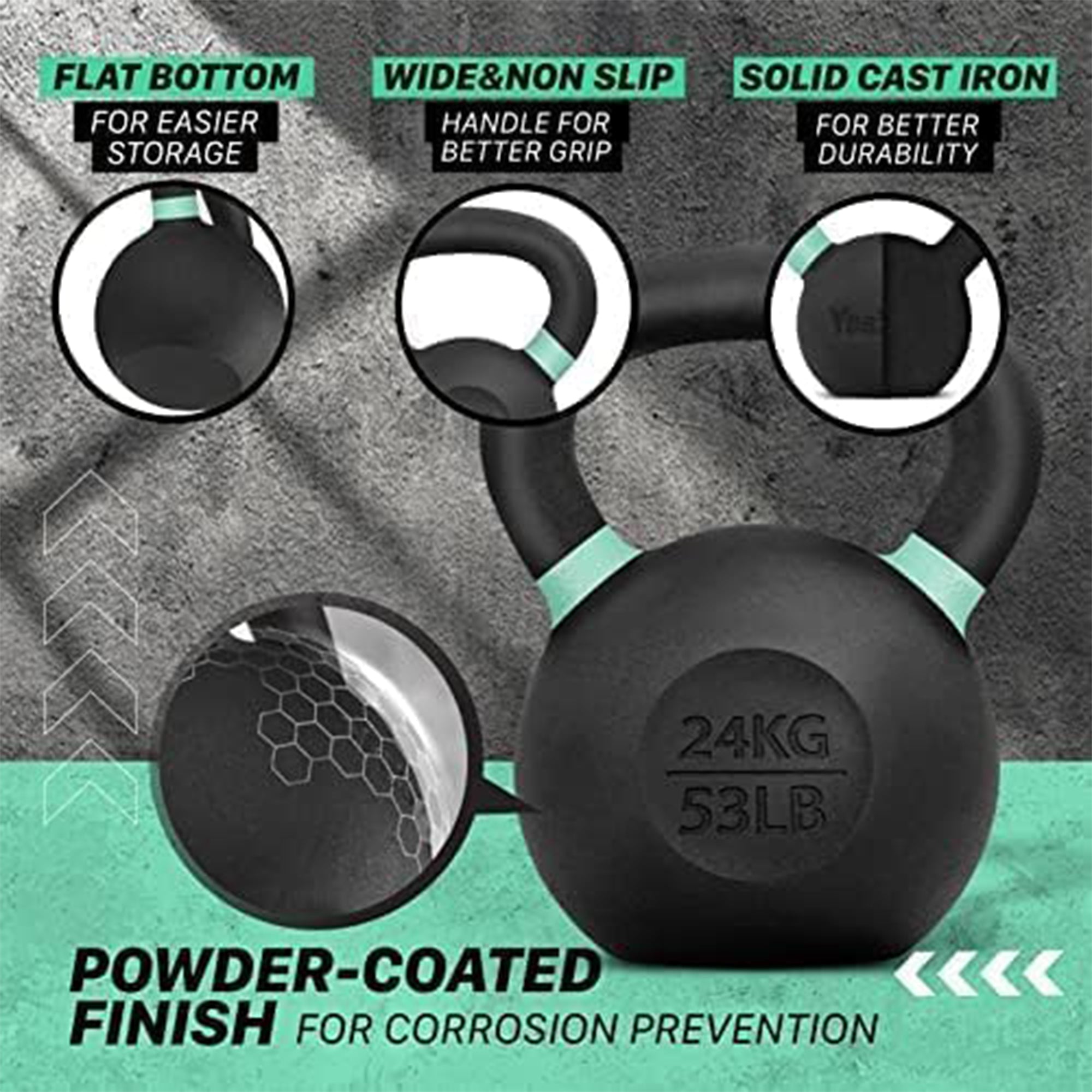 Yes4All 53lb Powder Coated Cast Iron Kettlebell w/ Non-Slip Handle & Flat Bottom