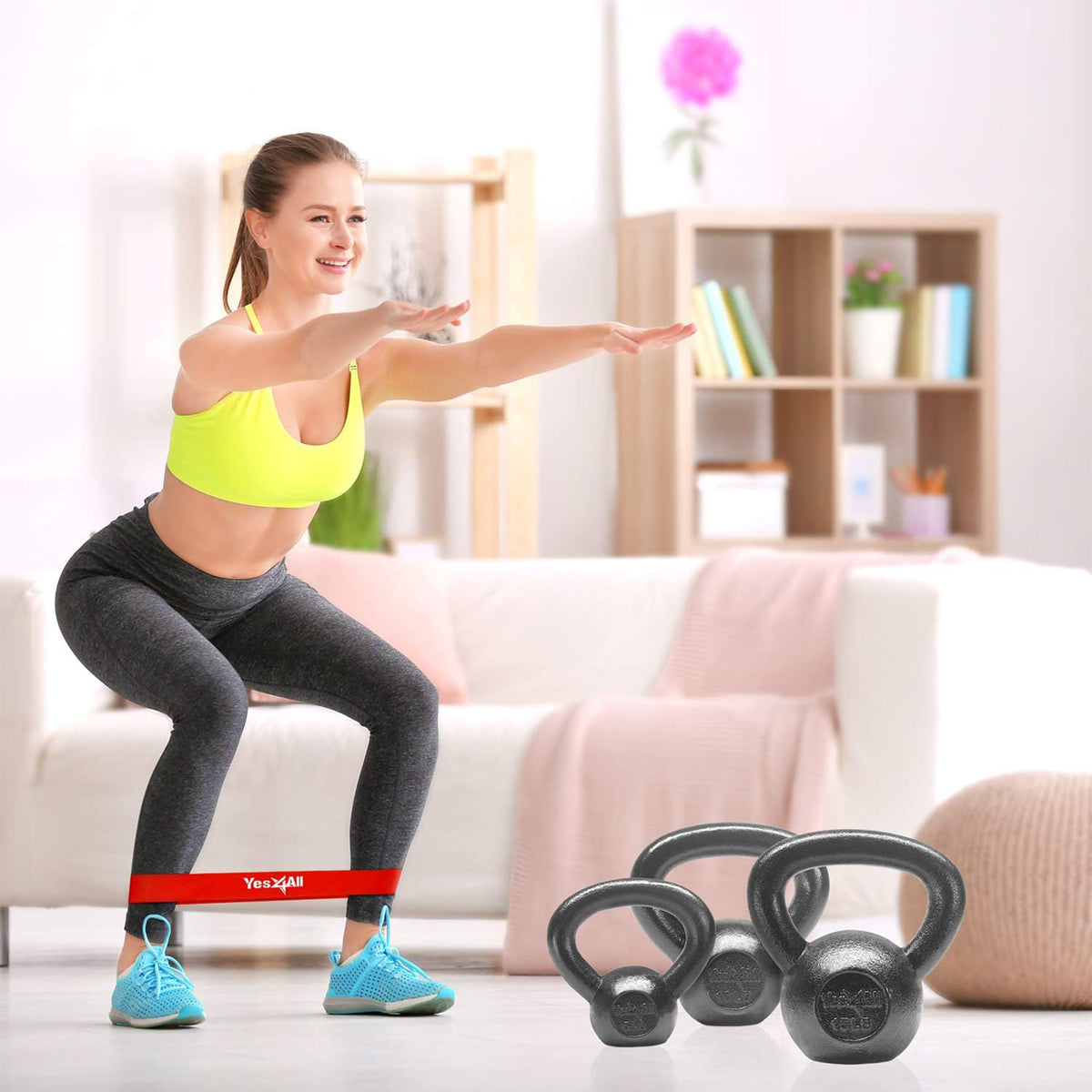 Yes4All 5, 10, and 15 lb Cast Iron Kettlebell Set With Loop Bands for Exercises