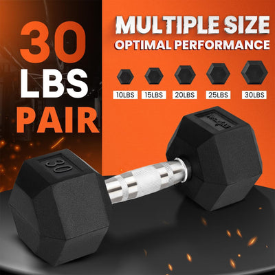 Yes4All PVC Rubber Hex Dumbbell Hand Weights w/ Anti Slip Chrome Grip, 30lb Pair