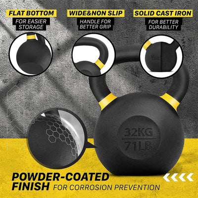 Yes4All 71lb Powder Coated Cast Iron Kettlebell w/ Non-Slip Handle & Flat Bottom