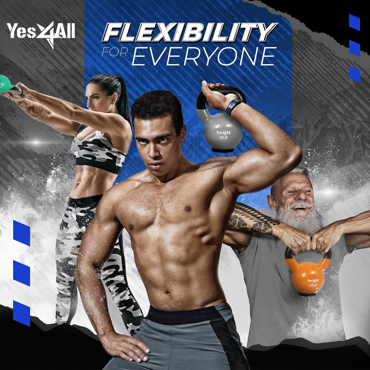 Yes4All 60 Pound Kettlebell, PVC Coated Cast Iron Weight with Rubber Base, Blue