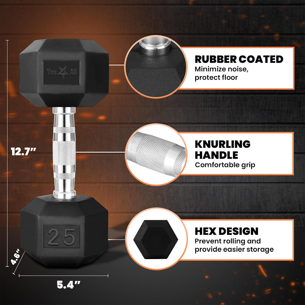 Yes4All Cast Iron Chrome Grip Hex Encased Dumbbells, Non-Slip, 25 Lb Pair, Black