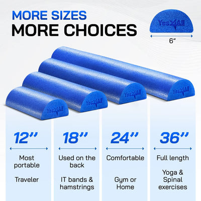 Yes4All Medium Firm Half Round Foam Roller for Massage & Exercise, 24 Inch, Blue