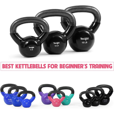 Yes4All 5, 10, & 15 Pound Kettlebell Set, Vinyl Coated Cast Iron Weights, Black