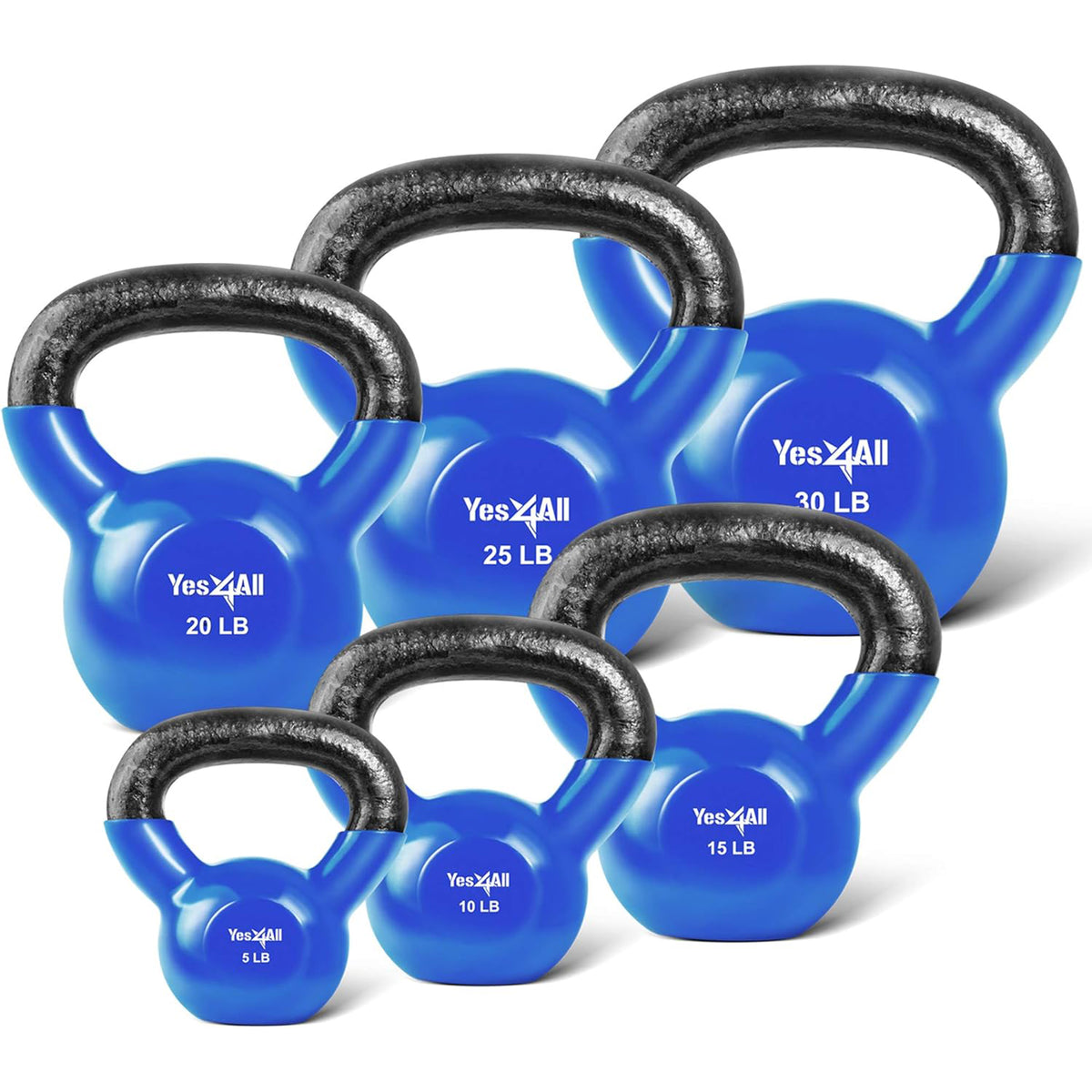 Yes4All 5-30 lb Vinyl Kettlebell Set w/ Flat Bottom for Strength Training, Blue