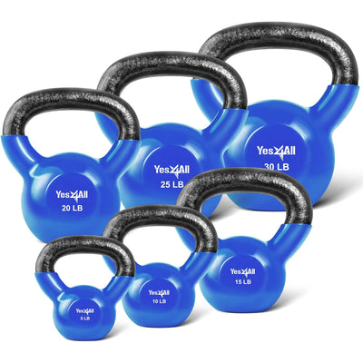 Yes4All 5-30 lb Vinyl Kettlebell Set w/ Flat Bottom for Strength Training, Blue