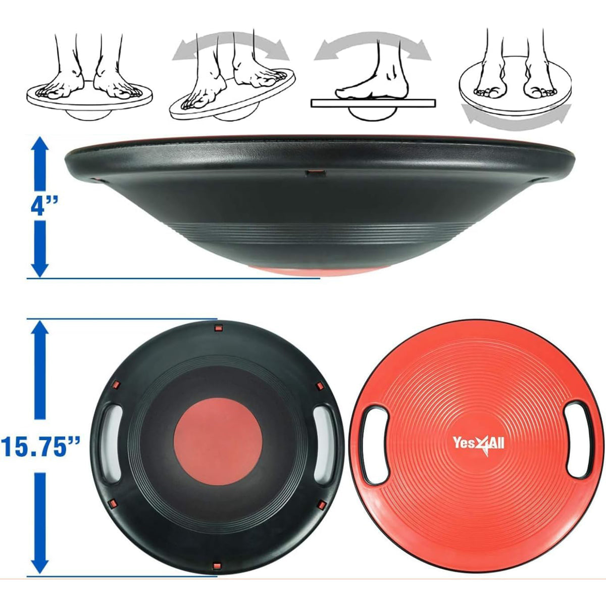 Yes4All Home Gym Wobble Balance Board Plastic Stability Trainer w/ Handles, Red