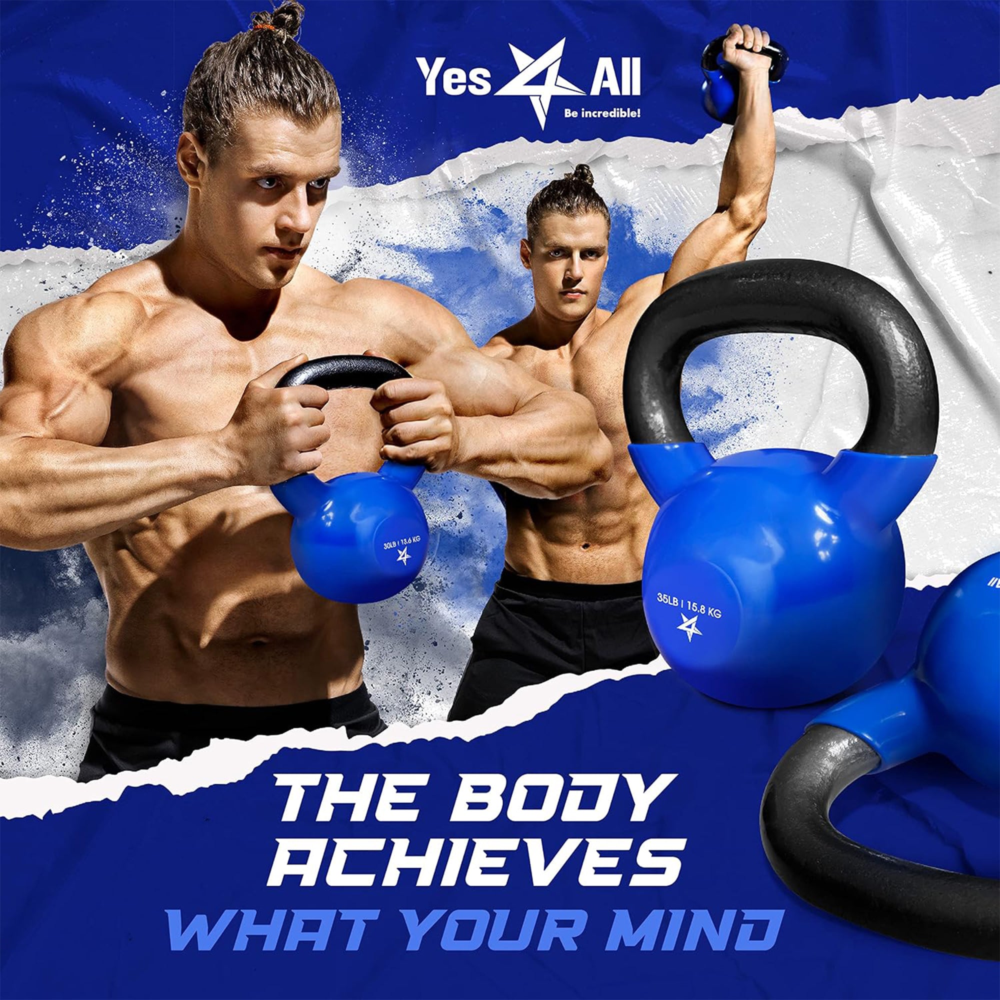 Yes4All 50 Pound Vinyl Coated Cast Iron Kettlebell for Home Gym Training , Blue