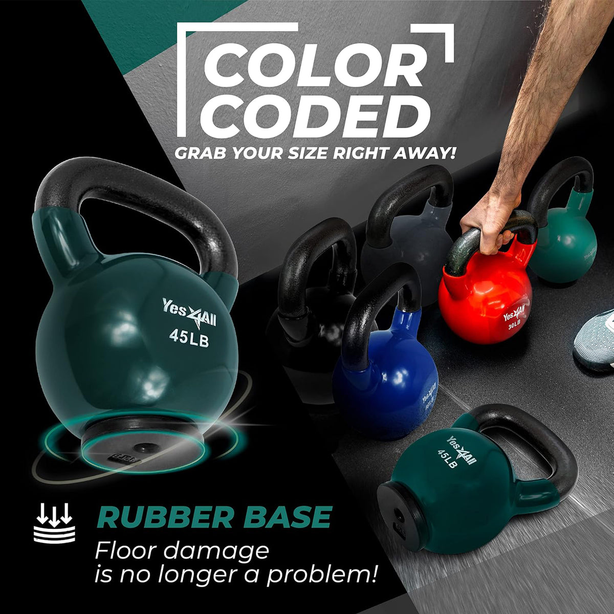 Yes4All 45lb Kettlebell, Vinyl Coated Cast Iron Weight w/Rubber Base, Midnight