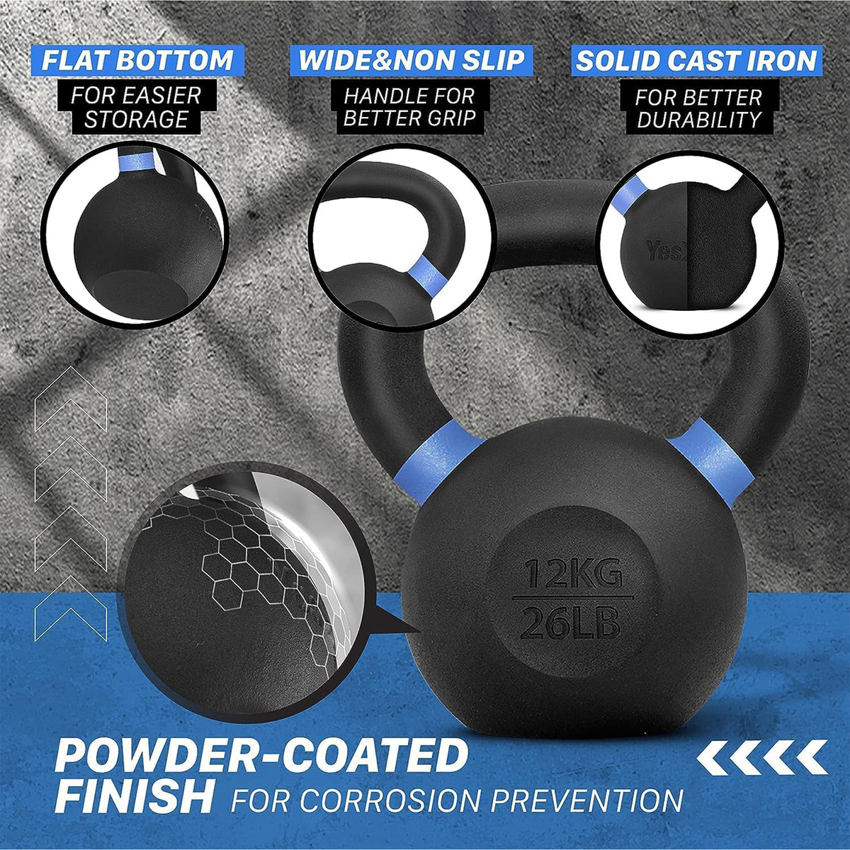 Yes4All 26lb Powder Coated Cast Iron Kettlebell w/ Non-Slip Handle & Flat Bottom