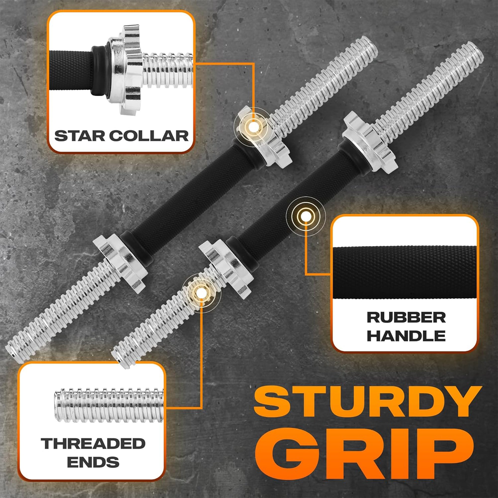 Yes4All Threaded Dumbbell Handle Set with Rubber Non-Slip Grip, 14 Inch, 2 Pack
