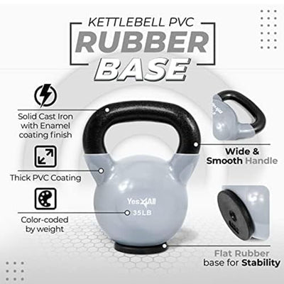 Yes4All 35 Pound PVC Kettlebell With Rubber Base for Strength Training, Grey